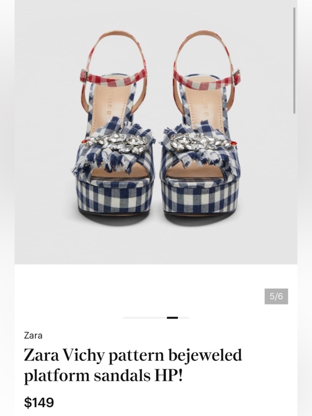 Zara Blue Red White Bejeweled Country 4th of July Gingham Platform Heels Size 38 - Picture 2 of 7